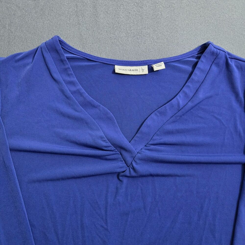 Susan Graver M Liquid Knit Split V-Neck 3/4 Sleeve Royal Blue Blouse - Picture 3 of 8
